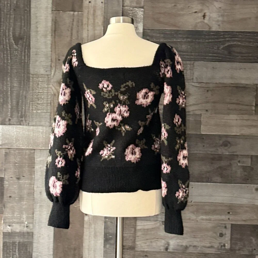 Anthropologie black bishop sleeve sweater medium rose floral dark feminine